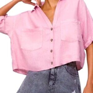 Zara Cropped Pink Linen Button-Up